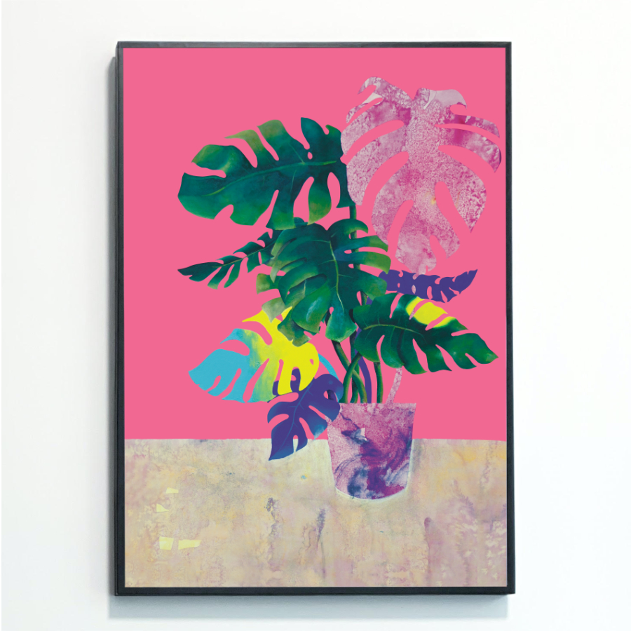 Rebecca Taylor artist, Monstera Print, mounted on a wall.