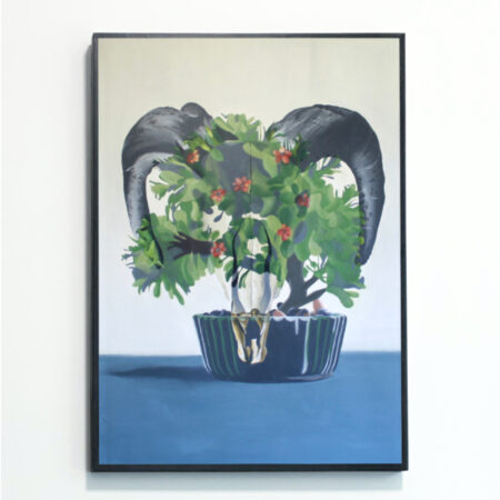 Rebecca Taylor artist, Animal Skull With Flowers painting, mounted on a wall.