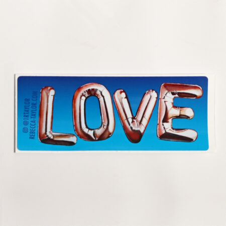 Love sticker created using hand-painted foil balloons by by Rebecca Taylor artist.