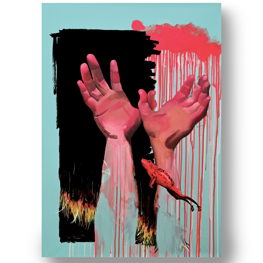 This Leaping Frog With Hands Print, painted by Rebecca Taylor, is mounted on a wall.