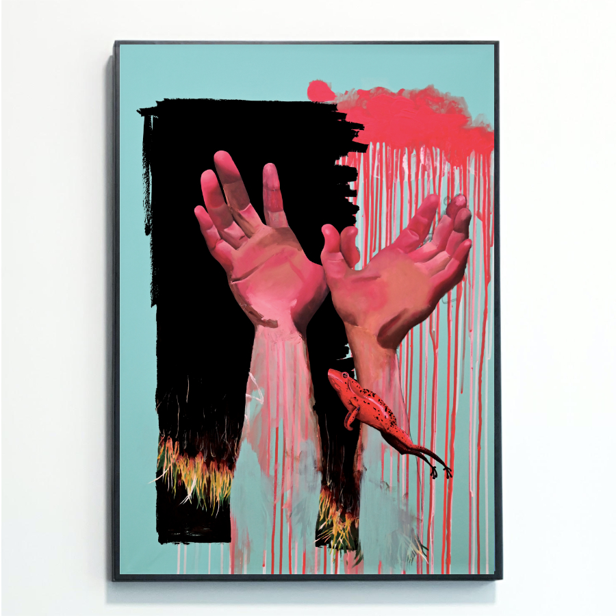 This Leaping Frog With Hands Print, painted by Rebecca Taylor, is mounted on a wall. It features a pair of realistic hands in a 'flying bird' position with a bright red strawberry poison dart frog leaping from the bottom right corner.