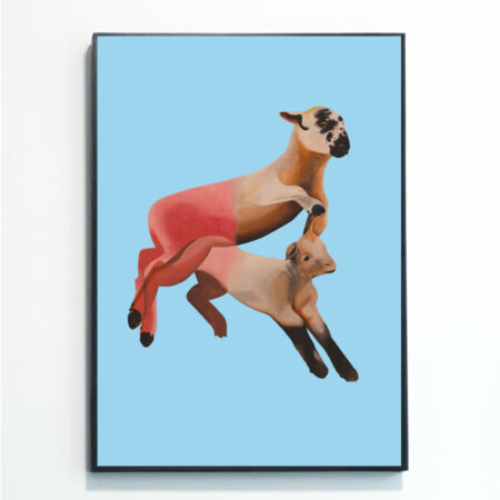 This Leaping Lambs artwork is mounted on a wall. It was painted by artist Rebecca Taylor and features two realistic lambs leaping across each other, their natural fleece slowly fading to pink towards the rear legs. Where the legs cross, they have been painted in a double-exposure style. The painting is against a pale blue background.