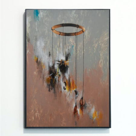 This Money Mobile print mounted on a wall was painted by artist Rebecca Taylor. It features a painterly grey and beige background, with a child's mobile in the centre of the image – coins are tied to the ends of each string.