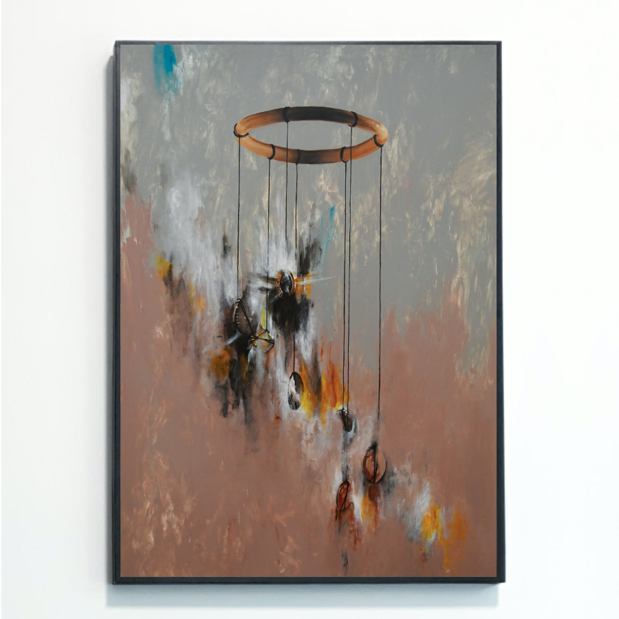 This Money Mobile print mounted on a wall was painted by artist Rebecca Taylor. It features a painterly grey and beige background, with a child's mobile in the centre of the image – coins are tied to the ends of each string.