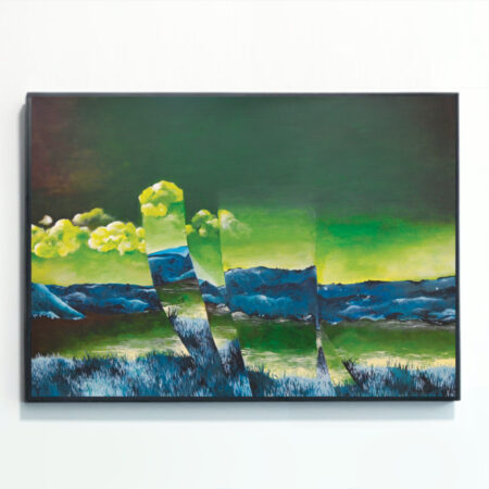 An art print mounted on a wall titled Opposite Landscape, painted by Rebecca Taylor artist. The title comes from its inverted colours – the sky and lake are green and brown, while the grass is blue.