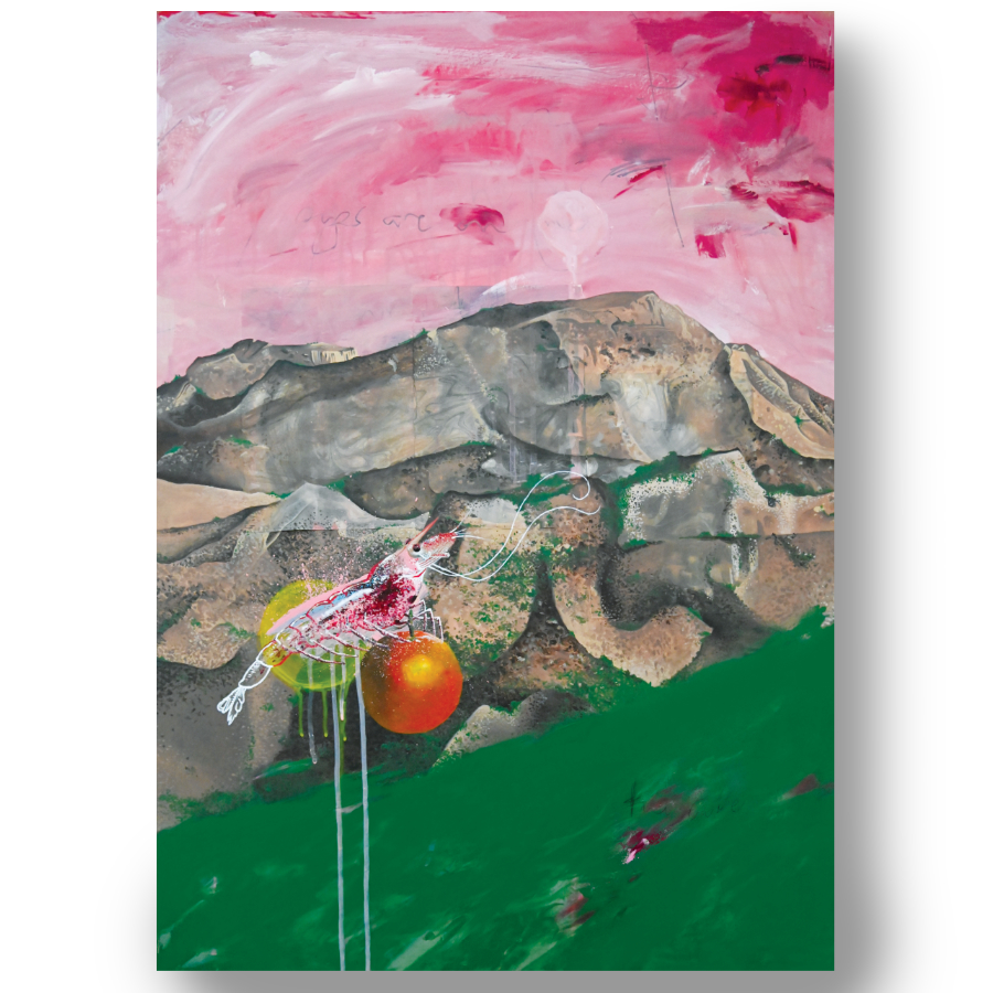 A close-up of Pink Landscape With Shrimp Print by Rebecca Taylor artist.