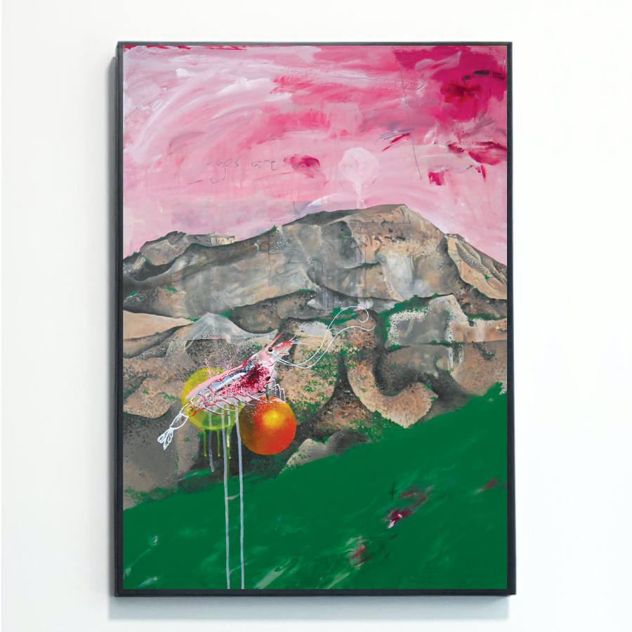 This Pink Landscape With Shrimp Print is mounted on a wall. iT was painted by artist Rebecca Taylor and features an expressive pink background, Mallorcan mountains, a pink shrimp, perched on an orange, and a green foreground.