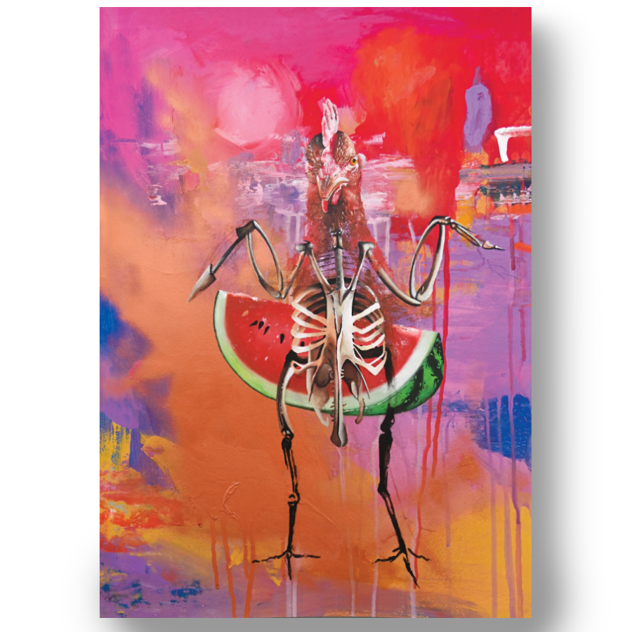 Bridget: Colourful Chicken print mounted on a wall, painted by Rebecca Taylor artist.