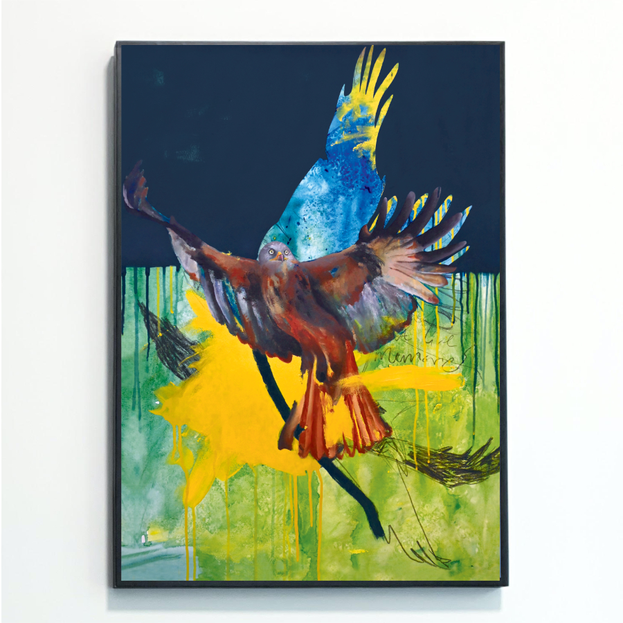 This Red Kite Bird Print mounted on a wall was painted by Rebecca Taylor. It features a semi-realistic red kite bird in the centre, painted over two additional birds. A dark blue wash of paint covers the top third of the painting, and green and yellow paint covers the bottom.