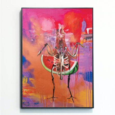 Bridget: Colourful Chicken print mounted on a wall, painted by Rebecca Taylor artist. The artwork incorporates a colourful pink, red, purple, blue and copper abstract background, with a slice of watermelon and a chicken made from feathers and bones.