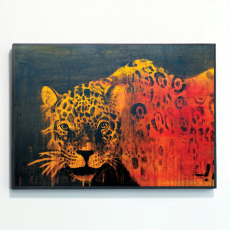 Abstract Jaguar Print mounted on a wall, painted by Rebecca Taylor artist.