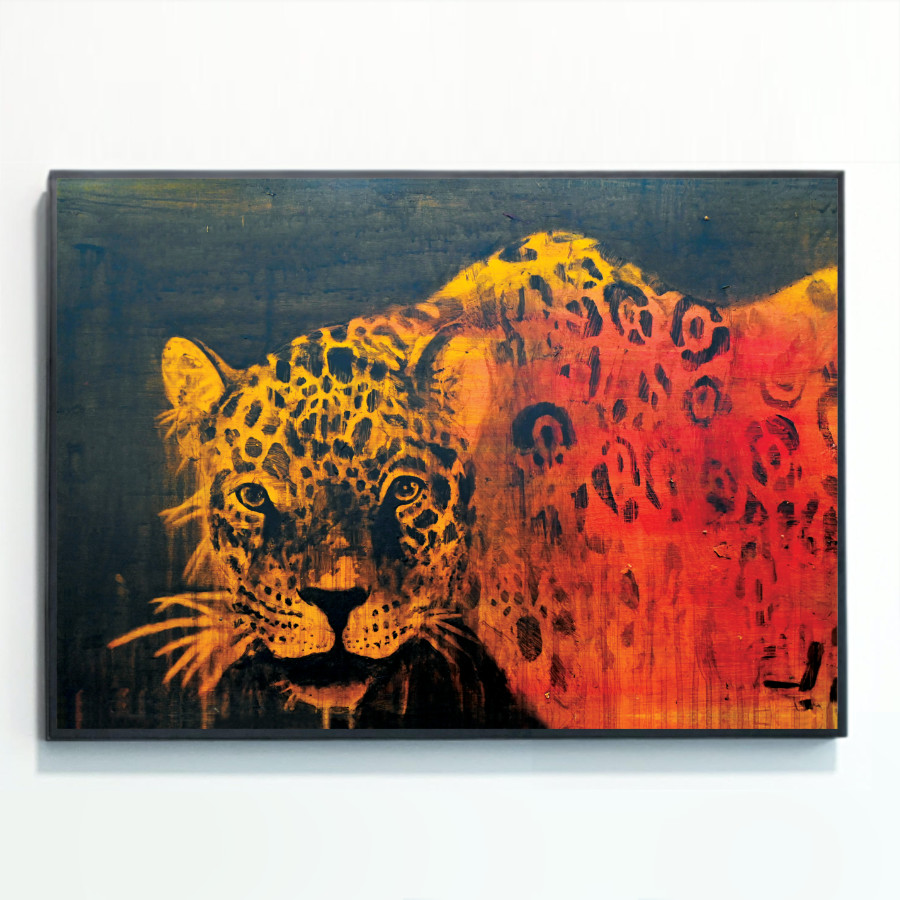 Abstract Jaguar Print mounted on a wall, painted by Rebecca Taylor artist.