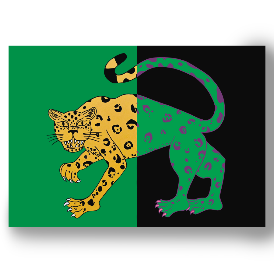 Colourful Leopard Print mounted on a wall, painted by Rebecca Taylor artist. This traditional-style leopard features is yellow and black on one side, and green and purple on the other side. The background is half green and half black.