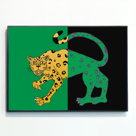 Colourful Leopard Print mounted on a wall, painted by Rebecca Taylor artist. This traditional-style leopard features is yellow and black on one side, and green and purple on the other side. The background is half green and half black.