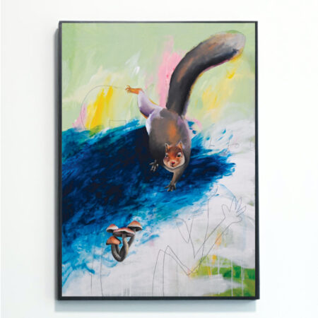 Abstract Squirrel WIth Mushrooms print by artist Rebecca Taylor depicts a realistic squirrel and cluster of mushrooms, against an abstract green, blue and white background. This painting is framed on a white wall.