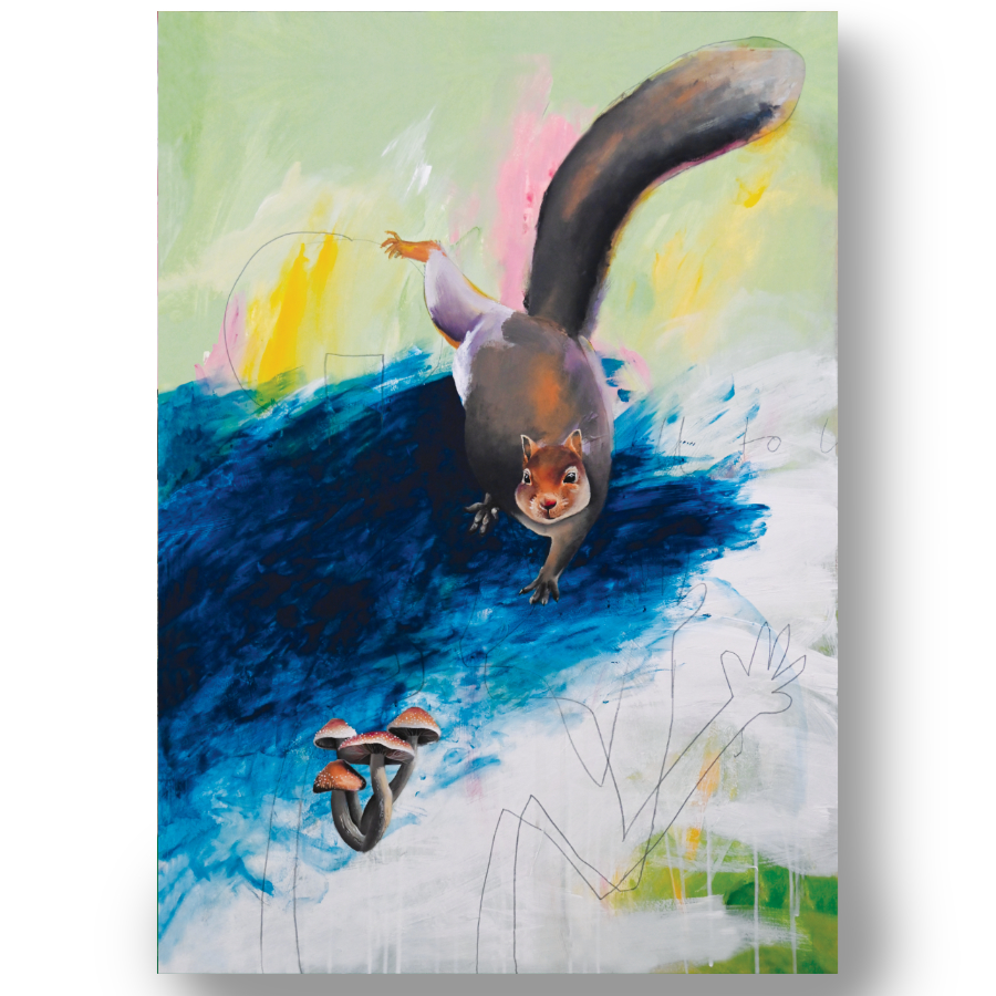A close up of Rebecca Taylor Artist's 'Abstract Squirrel With Mushrooms Print'. It depicts a realistic squirrel with mushrooms.