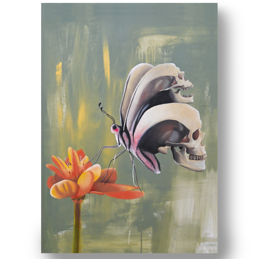 A close up of artist Rebecca Taylor's Butterfly Skull print. It depicts a black and white butterfly whose wings contort into the shape of human skulls. The butterfly is resting on a yellow and orange flower against a green background.