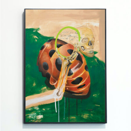 Ladybird And Skull print by Rebecca Taylor artist, portrays a ladybird emerging from its pupa, a skull and a hand. This image is mounted in an black frame against a white wall.