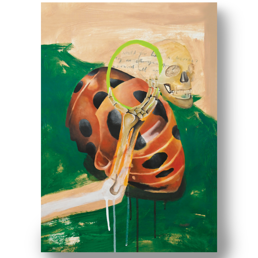 A close-up of Ladybird And Skull print by artist Rebecca Taylor.
