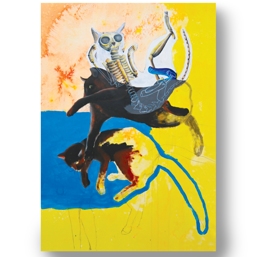 A close-up of Abstract Jumping Cats was painted by artist Rebecca Taylor. It depicts three cats – one is a skeleton, one is fully painted, and one is partially painted. The background of the painting is yellow and orange with a wide wash of sky blue.
