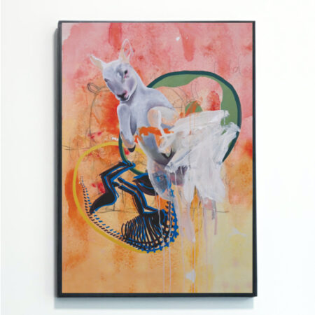 This Abstract Leaping Lamb Print was painted by female British artist Rebecca Taylor. It is mounted in a black frame against a white wall, and depicts three lambs in different painterly styles. One is a skeleton, one is only outlined, and one is almost complete. The background of the painting is a wash of red and orange, with a natural organic texture created by sprinkling salt over the surface.