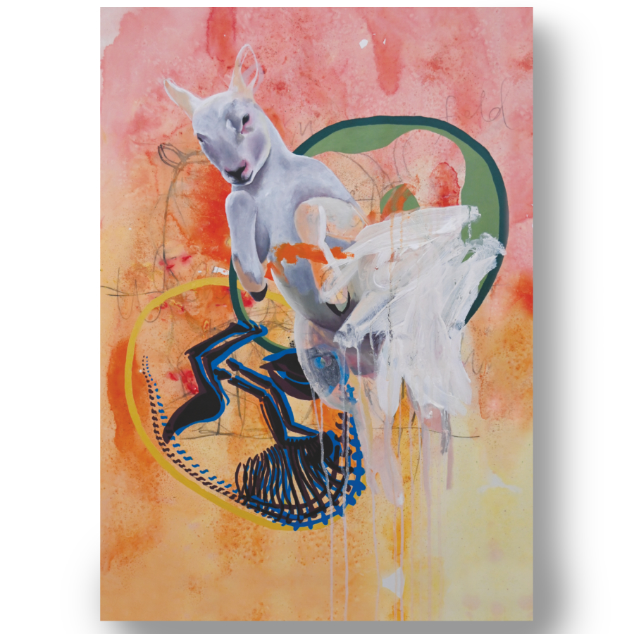 Artist Rebecca Taylor painted this Abstract Leaping Lamb Print. This close-up image depicts three lambs in different painterly styles against a background wash of red and orange.