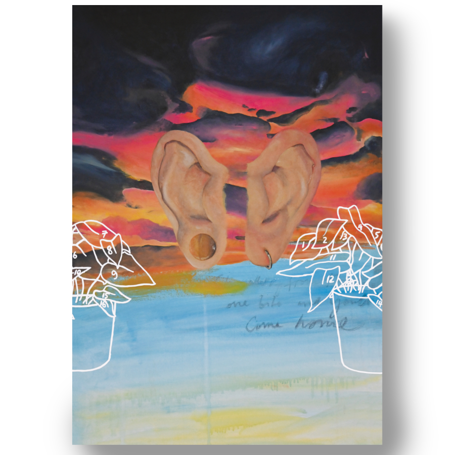 A close-up of Surrealist Ears With Sunset Print by artist Rebecca Taylor. It features a pair of realistic ears wearing earrings against a pink and orange sunset. Below, and to each side is half a white outline of a plant in a pot with numbers on the leaves.