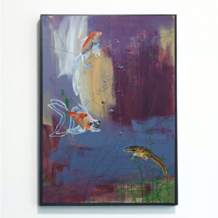 This Home: Colourful Fish Print was painted by female British artist Rebecca Taylor. It is mounted in a black frame against a white wall, and depicts two realistic fish and a newt swimming against an abstract background painted in purple, yellow and green.