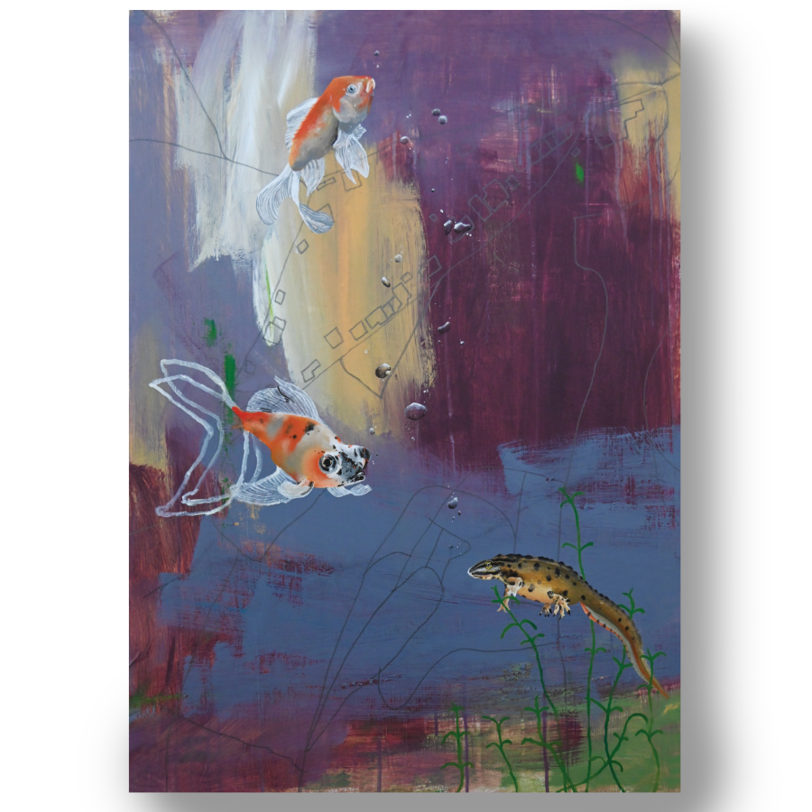 This Home: Colourful Fish Print was painted by female British artist Rebecca Taylor. It depicts two realistic fish and a newt swimming against an abstract background painted in purple, yellow and green.