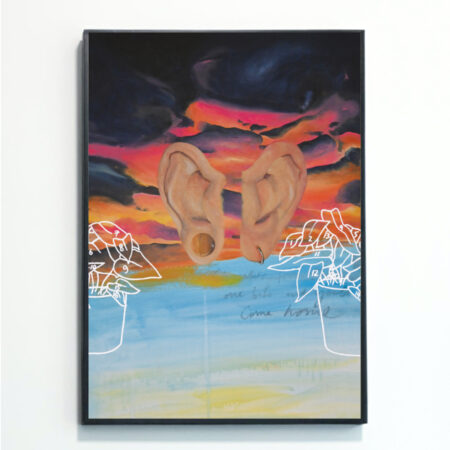 This Surrealist Ears With Sunset Print was painted by female British artist Rebecca Taylor. It is mounted in a black frame against a white wall, and depicts a large pair of realistic ears wearing earrings against a pink and orange sunset. To the sides is a white outline of a plant in a pot with numbers on the leaves.