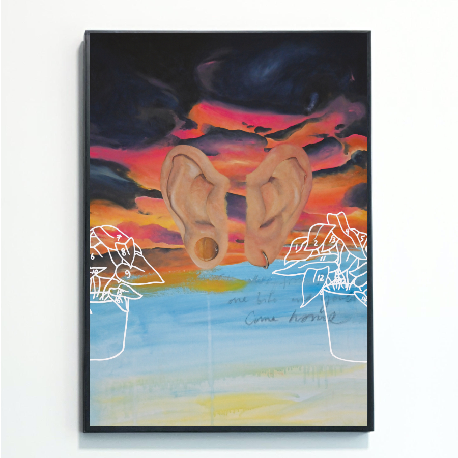 This Surrealist Ears With Sunset Print was painted by female British artist Rebecca Taylor. It is mounted in a black frame against a white wall, and depicts a large pair of realistic ears wearing earrings against a pink and orange sunset. To the sides is a white outline of a plant in a pot with numbers on the leaves.