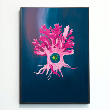 This Ai Art Trend Prediction 2025: Ethereal Genesis Print was painted by female British artist Rebecca Taylor. It depicts a pink coral with a green planet in the middle, surrounded by stars.
