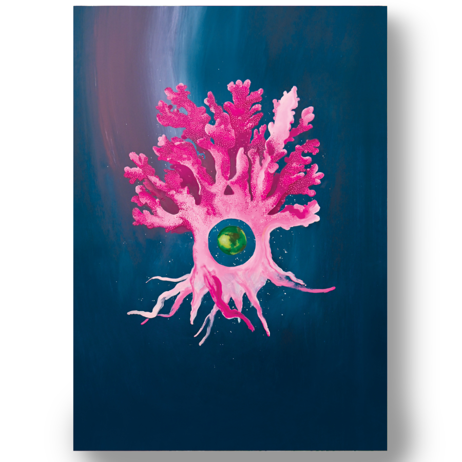 A close-up of Ethereal Genesis: AI Art Trend Prediction 2025 Print by female artist Rebecca Taylor. It depicts a pink coral with a green planet in the middle, surrounded by stars.