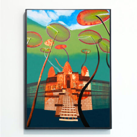 This Cambodia: Underwater Angkor Wat Print was painted by female British artist Rebecca Taylor. It depicts the temple Angkor Wat at the bottom of a lily pond surrounded by leaves, and looking upwards to the sky.