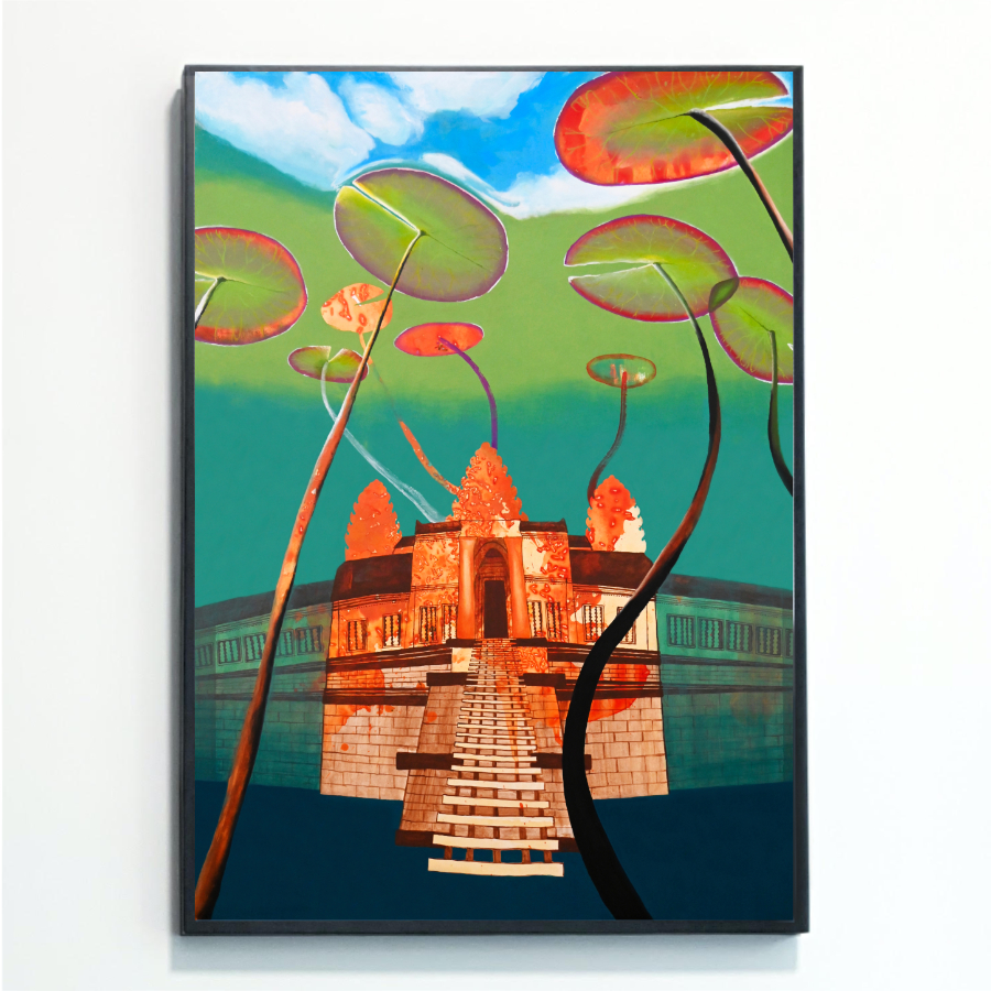 This Cambodia: Underwater Angkor Wat Print was painted by female British artist Rebecca Taylor. It depicts the temple Angkor Wat at the bottom of a lily pond surrounded by leaves, and looking upwards to the sky.