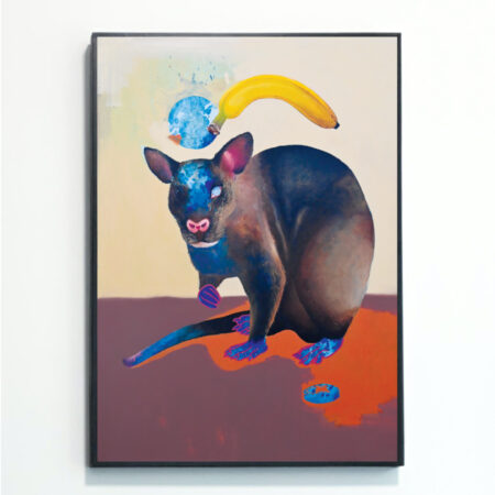 This Australian Pouched Rat Print was painted by female British artist Rebecca Taylor. It depicts a large banana set over an Australian Pouched Rat, which has blue paws textured with rice.