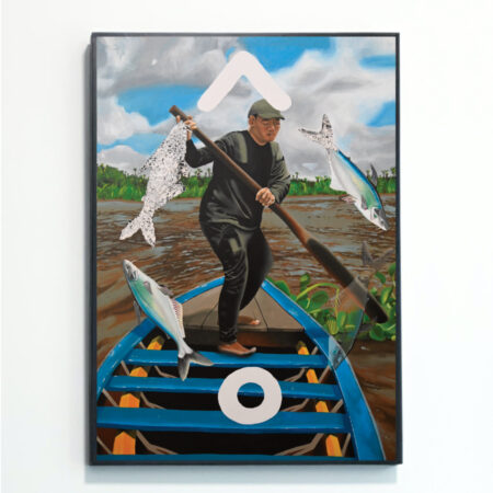 This Vietnamese Fisherman Print was painted by female British artist Rebecca Taylor. It depicts a fisherman in his boat circled by four leaping fish, and plus the diacritic marks from the 'O' in 'Hแปi An'.