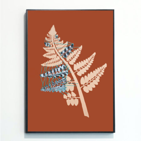 This painting, Regeneration After Disruption: Ai Art Trend Prediction 2026 was painted by female British artist Rebecca Taylor. It depicts a peach-coloured fern leaf on a terracotta background. Some of the leaves feature a black and white static pattern, which are held together with green thread.