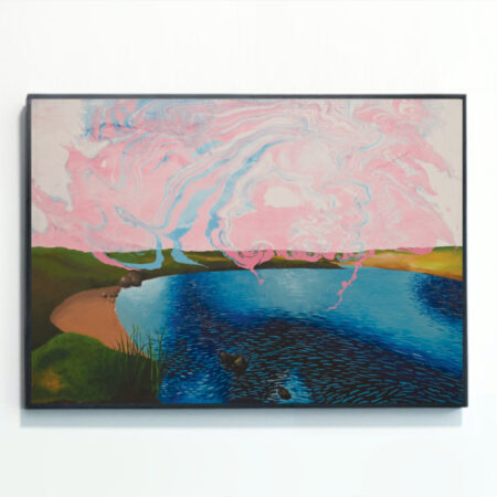 This painting, Marbling At Redbrook Reservoir, was painted by female British artist Rebecca Taylor. It depicts a blue reservoir surrounded by green hill, with a red and blue sky created by water marbling.